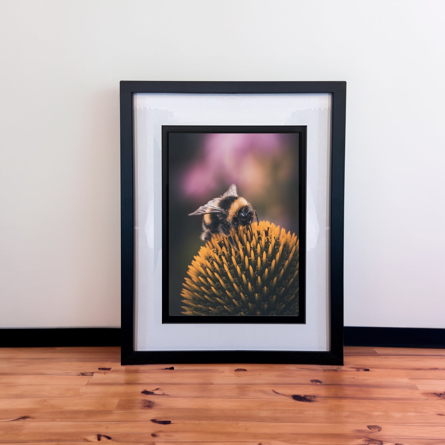 Beautiful Macro Bee & Flower Photography Print in Elegant Black Mount Frame